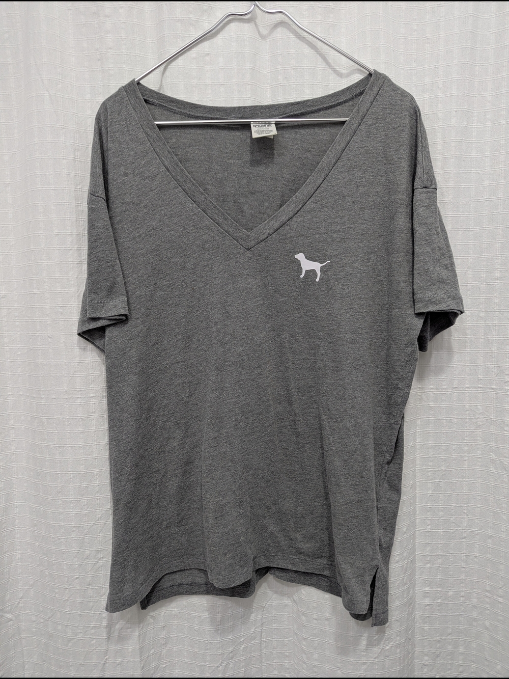 Pink By Victoria Secret Grey V-Neck Tee with Dog Logo Camo Lettering On Back